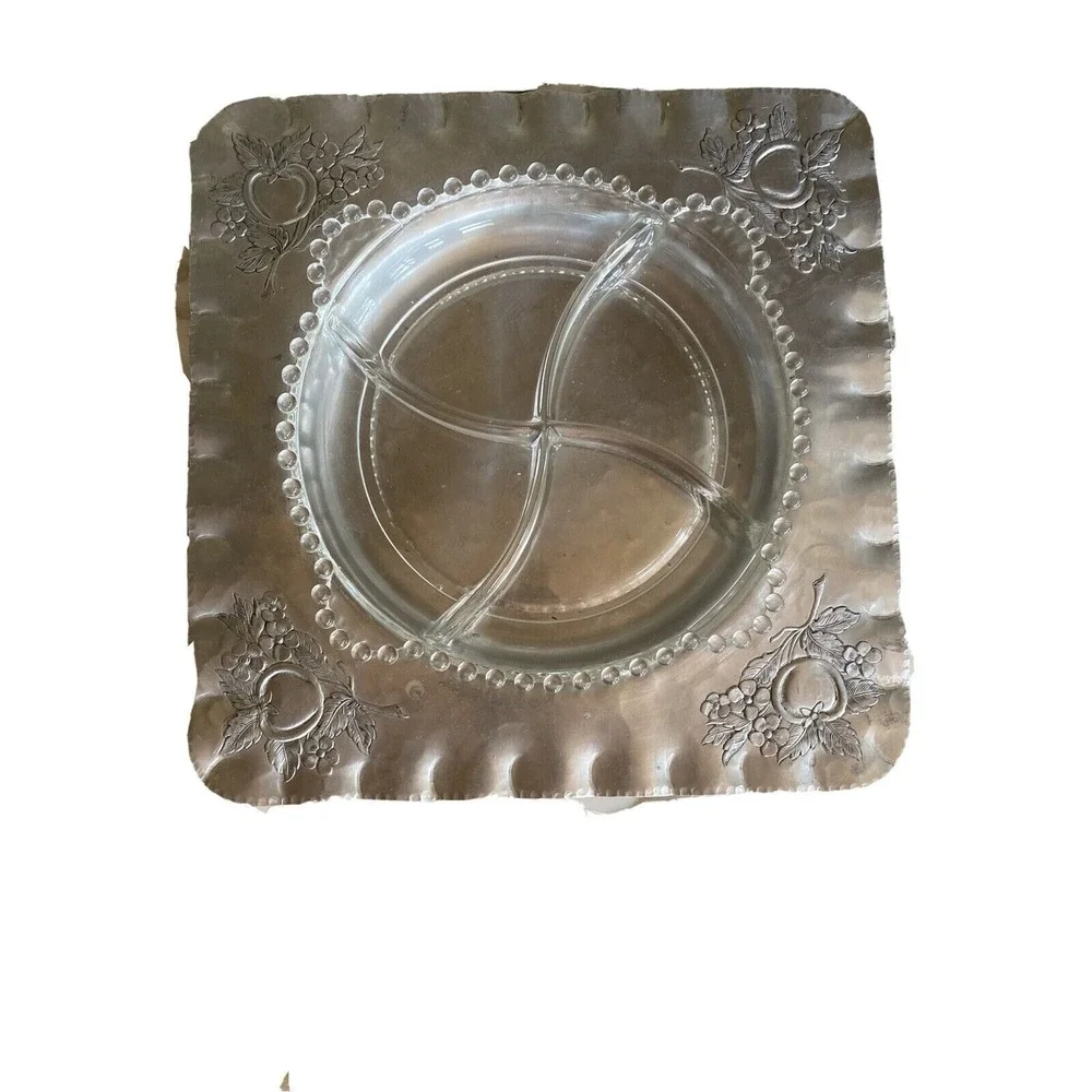 Everlast Metal Serving Tray Silver Hammered Aluminum Glass Divided Insert Beaded